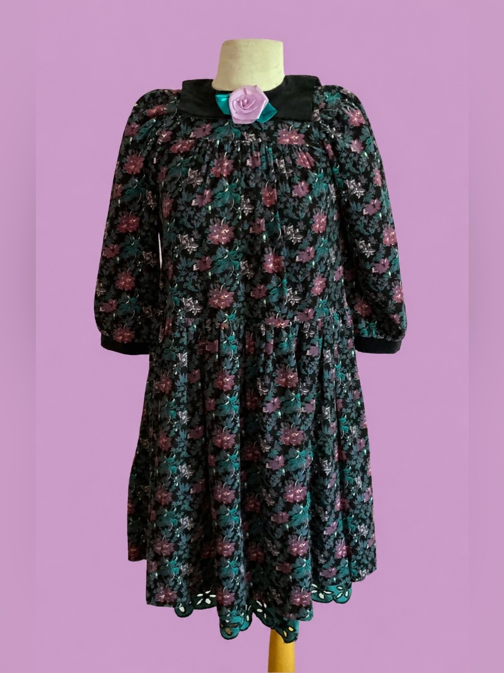 Vintage 80s Young Adult Long Sleeve Black Floral Dress with Pink Accents